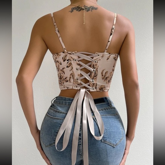 Boho floral print lace up back bustier corset tube satin top - Picture 12 of 16